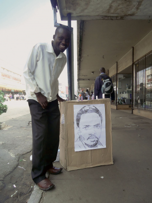 Telefonkartenverkäufer mit einer Zeichnung von Spunk Seipel, Harare. Foto von Spunk Seipel.