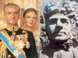 Mohammad Reza Pahlavi, íránský šáh s císařovnou Farah (vlevo), socha šáha stržena v roce 1979 (vpravo).